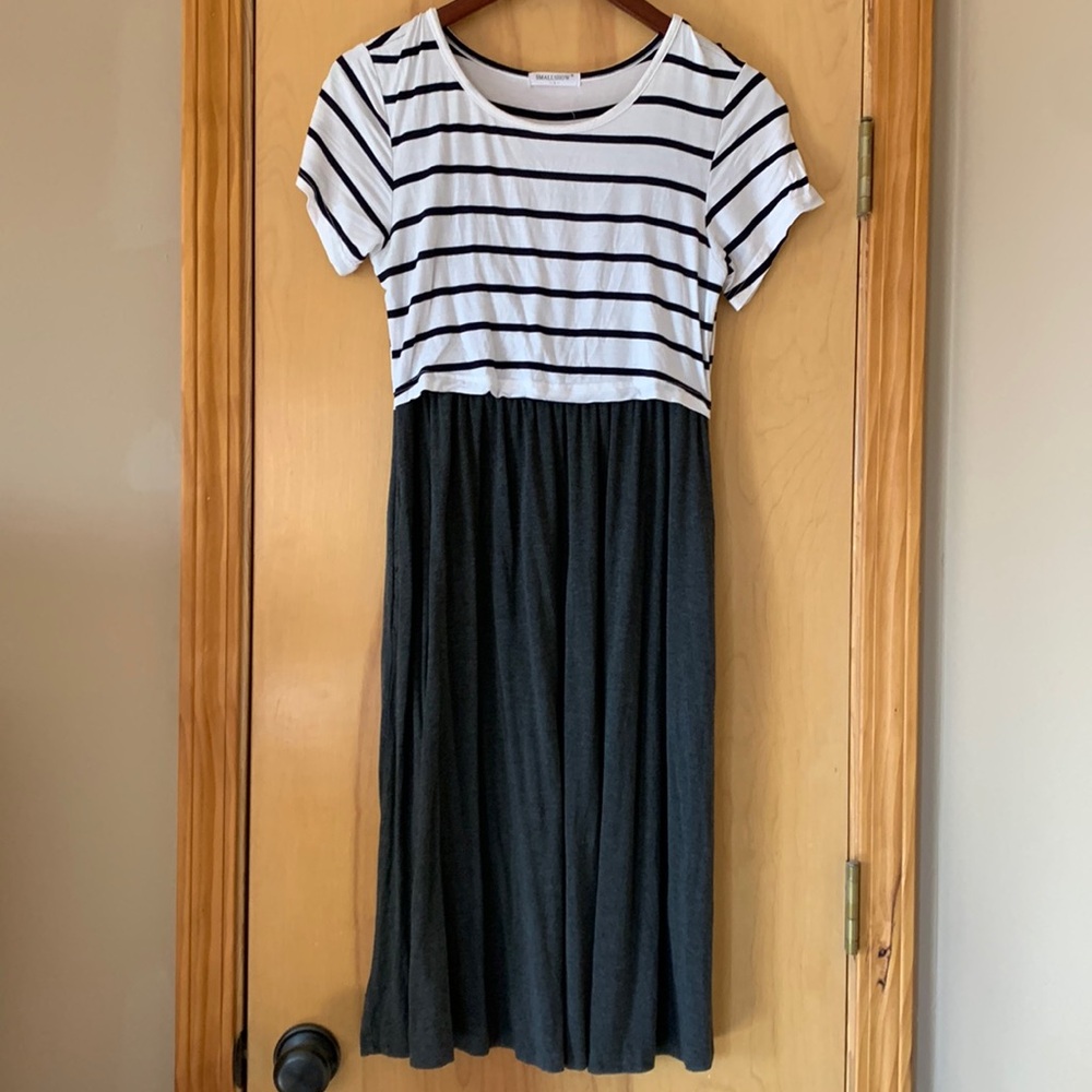 Smallshow nursing/breastfeeding dress - S - navy white stripe and grey